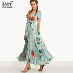 Dotfashion Casual Boho Dresses for Womens Dresses New Arrival Long Dresses Print In Green Short Sleeve Vintage Long Dress 