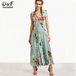 Dotfashion Casual Boho Dresses for Womens Dresses New Arrival Long Dresses Print In Green Short Sleeve Vintage Long Dress 