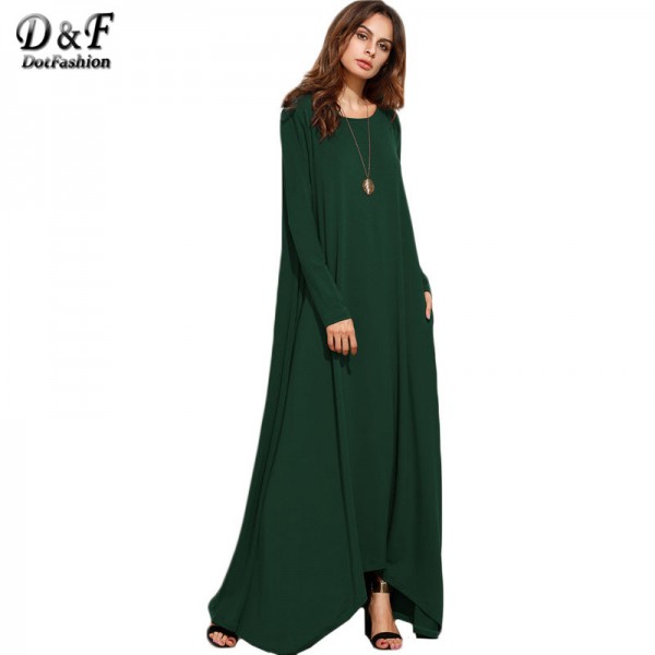 Dotfashion Casual Dresses for Woman Spring Women Asymmetrical Shirt Dress Green Long Sleeve Shift Maxi Dress 