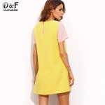 Dotfashion Color Block Pocket Short Sleeve Shift Short Dress Women Multicolor Round Neck Straight Mini Dress