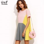 Dotfashion Color Block Pocket Short Sleeve Shift Short Dress Women Multicolor Round Neck Straight Mini Dress