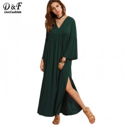 Dotfashion Dark Green V Neck Flare Sleeve Split Maxi Dress Fall 2016 Female Long Sleeve Loose Straight Dress