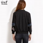 Dotfashion Embroidered Bomber Jacket Female Bomber Jackets Black Flower Embroidered Ribbed Trim Bomber Jacket 