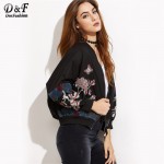 Dotfashion Embroidered Bomber Jacket Female Bomber Jackets Black Flower Embroidered Ribbed Trim Bomber Jacket 