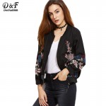 Dotfashion Embroidered Bomber Jacket Female Bomber Jackets Black Flower Embroidered Ribbed Trim Bomber Jacket 