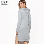 Dotfashion European Style Women Dress Women Clothes Grey Hooded Slit Side High Low Straight Mini Sweatshirt Dress 