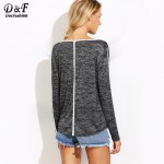 Dotfashion Grey Marled Knit Contrast Binding Tops Women Round Neck Long Sleeve Tees Autumn Casual T-shirt 