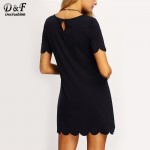 Dotfashion Ladies Black Scalloped Hem Keyhole Dresses New Arrival Casual Summer Style Womens Straight Mini Dress