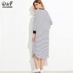 Dotfashion Ladies Dresses Loose Fashions Black and White Striped Contrast Trim Drop Shoulder Straight Tee Dress 