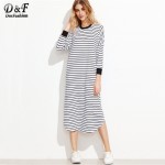 Dotfashion Ladies Dresses Loose Fashions Black and White Striped Contrast Trim Drop Shoulder Straight Tee Dress 