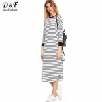 Dotfashion Ladies Dresses Loose Fashions Black and White Striped Contrast Trim Drop Shoulder Straight Tee Dress 