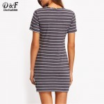 Dotfashion Ladies Summer Style Grey White Stripe Casual T-shirt Dresses New Arrival Womens Crew Neck Straight Dress
