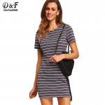 Dotfashion Ladies Summer Style Grey White Stripe Casual T-shirt Dresses New Arrival Womens Crew Neck Straight Dress