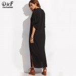 Dotfashion Plain Split Side Shirt Dress Ladies Autumn Maxi Dresses Plain Long Sleeve Stand Collar Buttons Dress