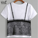 Dotfashion Summer T-Shirt Women Contrast Floral Lace Cami Overlay Tops Sexy Patchwork Clothing 2017 New O Neck Casual T-shirt