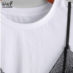 Dotfashion Summer T-Shirt Women Contrast Floral Lace Cami Overlay Tops Sexy Patchwork Clothing 2017 New O Neck Casual T-shirt