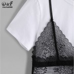 Dotfashion Summer T-Shirt Women Contrast Floral Lace Cami Overlay Tops Sexy Patchwork Clothing 2017 New O Neck Casual T-shirt