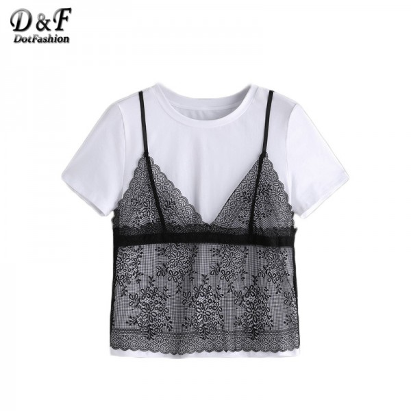 Dotfashion Summer T-Shirt Women Contrast Floral Lace Cami Overlay Tops Sexy Patchwork Clothing 2017 New O Neck Casual T-shirt