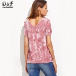 Dotfashion Women Sexy Shirts Women T-Shirt Clothes Famous Brand Women Pink Crushed Velvet Crisscross V Neck T-shirt 