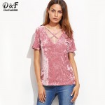 Dotfashion Women Sexy Shirts Women T-Shirt Clothes Famous Brand Women Pink Crushed Velvet Crisscross V Neck T-shirt 