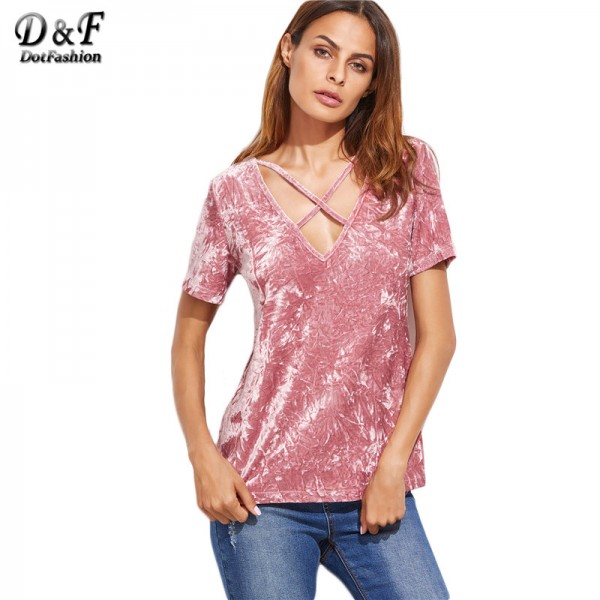 Dotfashion Women Sexy Shirts Women T-Shirt Clothes Famous Brand Women Pink Crushed Velvet Crisscross V Neck T-shirt 