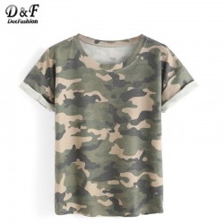 Dotfashion Women Tops Camouflage Summer Style 2016 New Arrival Casual Tees Crew Neck Print Rolled Short Sleeve T-shirt