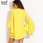 Dotfashion Yellow Crew Neck Ruffle Flare Sleeve Shift Dress Female Plain Long Sleeve Straight Mini Dress