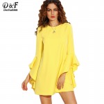 Dotfashion Yellow Crew Neck Ruffle Flare Sleeve Shift Dress Female Plain Long Sleeve Straight Mini Dress