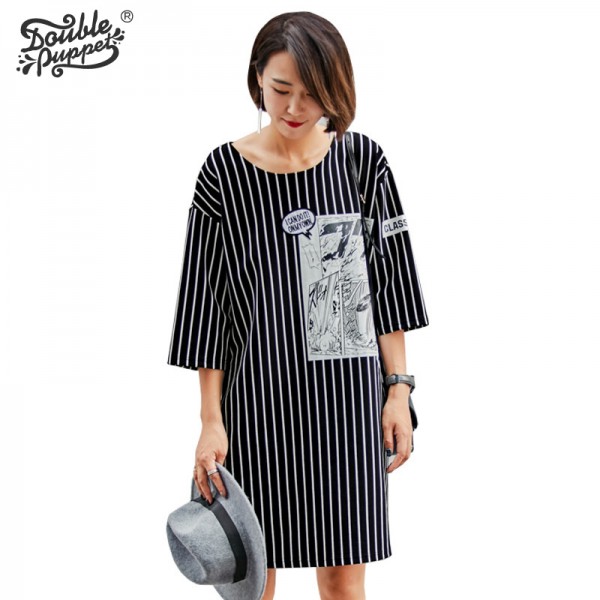 Double puppet 2017 new autumn Literature stripe show shin casual dress o-neck three-quarter loose straight women 563002