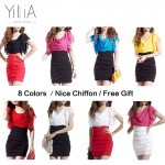 Dress Chiffon Women Elegant White Red Black Color Block Short Sleeve Pleated 2017 Cowl Neck Patchwork Ruched Summer Office Dress