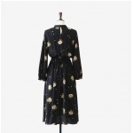 Dress Women 2017 Autumn Vintage Bohemian Floral Print Bow Sash Waist Long Sleeve Black Long Dress ukraine vestido longo D167