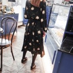 Dress Women 2017 Autumn Vintage Bohemian Floral Print Bow Sash Waist Long Sleeve Black Long Dress ukraine vestido longo D167