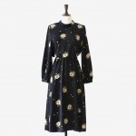 Dress Women 2017 Autumn Vintage Bohemian Floral Print Bow Sash Waist Long Sleeve Black Long Dress ukraine vestido longo D167