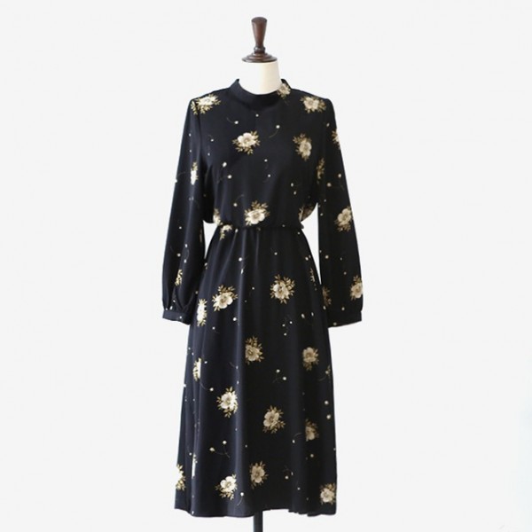 Dress Women 2017 Autumn Vintage Bohemian Floral Print Bow Sash Waist Long Sleeve Black Long Dress ukraine vestido longo D167