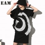 [EAM] 2017 Fashion New level Stereo Large Flowers round Neck Short-sleeved Black Dress Female Woman Big Size SM12731