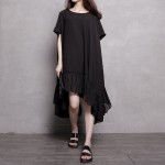 [EAM] 2017 New Spring And Summer Fashion Irregular Ruffles Chiffon Women Clothing Black Dresses 6DXQ1