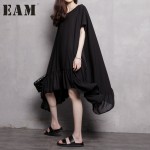 [EAM] 2017 New Spring And Summer Fashion Irregular Ruffles Chiffon Women Clothing Black Dresses 6DXQ1