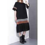 [EAM] 2017 Spring Fashion New Black Spelling Stripe Pleated Dress Loose Long Short Sleeve Dresses Woman T24501