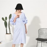 [EAM] 2017 Spring Fashion New Temperament Lantern Short Sleeve V-Neck Blue Stripe Dress Woman Sexy Y04405S