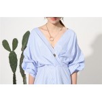 [EAM] 2017 Spring Fashion New Temperament Lantern Short Sleeve V-Neck Blue Stripe Dress Woman Sexy Y04405S