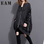 [EAM] 2017 Spring Fashion New sequined collar long-sleeved coat loose plus size zipper jacket 1023A1