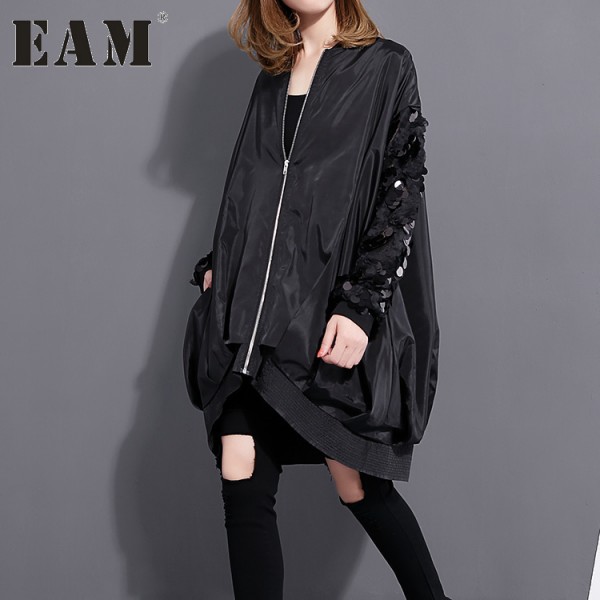 [EAM] 2017 Spring Fashion New sequined collar long-sleeved coat loose plus size zipper jacket 1023A1