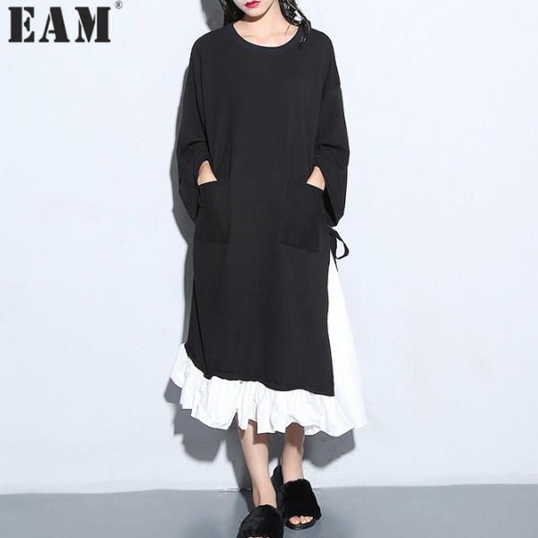 [EAM] 2017 Spring Fashion Trend New Korean Cloose Vent Split Joint Long Sleeve O-Neck Black Dress Woman Y01601