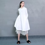 [EAM] 2017 Spring Fashion Trend New Korean Distribution Lace Hem Solid Cotton Long Sleeve Dress Woman Y13100   