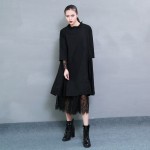 [EAM] 2017 Spring Fashion Trend New Korean Distribution Lace Hem Solid Cotton Long Sleeve Dress Woman Y13100   