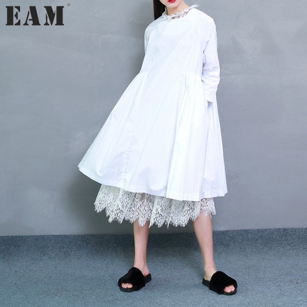 [EAM] 2017 Spring Fashion Trend New Korean Distribution Lace Hem Solid Cotton Long Sleeve Dress Woman Y13100   