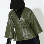 [EAM] 2017 Spring Korean Temperament Leather green sashes Loose big size Coat women fashion tide cool HA01526M