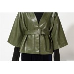 [EAM] 2017 Spring Korean Temperament Leather green sashes Loose big size Coat women fashion tide cool HA01526M