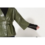 [EAM] 2017 Spring Korean Temperament Leather green sashes Loose big size Coat women fashion tide cool HA01526M