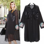 [EAM] 2017 Spring New Korean Women's Black Embroidery  Flowers PU Leather Shirt Dress Patchwork Cuff Chiffon Dresses T05401